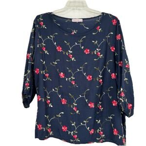 Ana & Rose Floral Embroidered Boho Top Navy Blue 3/4 Balloon Sleeve Size 1X